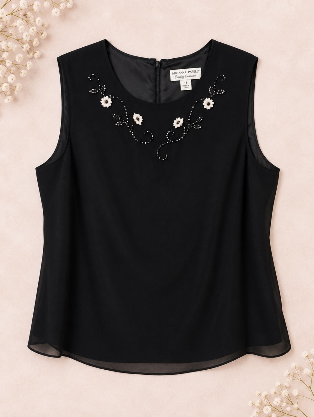 Adrianna Papell Evening Essentials Black Sleeveless Top with Beaded Floral Embro
